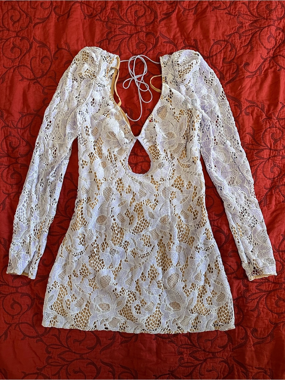 For Love & Lemons White Lace Long-Sleeve Mini Dress with Keyhole Back